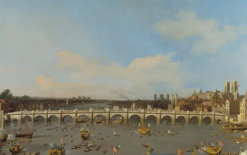 Первый Вестминстерский мост, нарисованный Каналетто, 1747 год. Йельский центр британского искусства, Нью-Хейвен