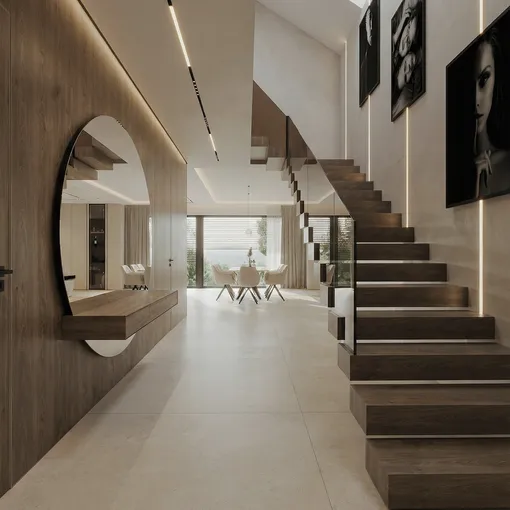 Мягкие линии и нейтральная палитра — пример более спокойной современной архитектуры без резких контрастов