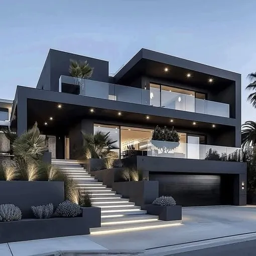 Минималистичный объём и тёплая подсветка: за счёт света и пропорций простой дом выглядит выразительно и дорого без лишних деталей