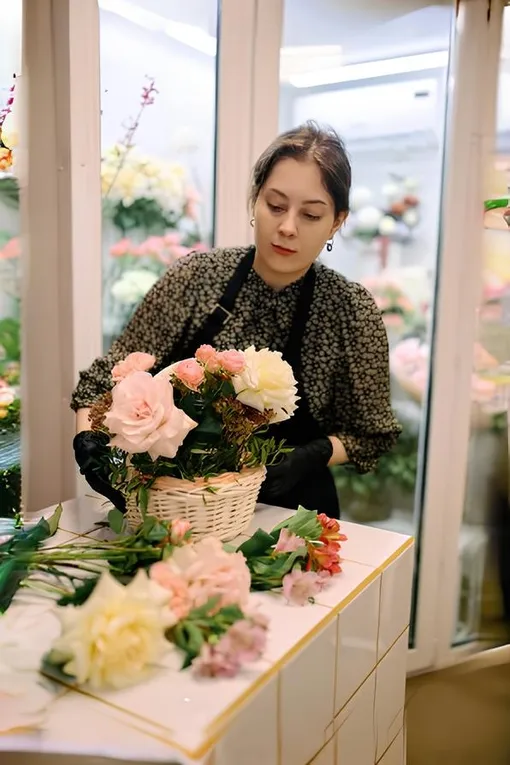 флорист с букетом цветов