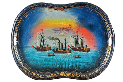 Поднос. Московская губерния, деревня Новосильцево, мастерская Н.Е. Цыганова. Конец XIX — начало ХХ в. Металл, масло, лак; ковка, роспись. Из частной коллекции Александра Бычкова