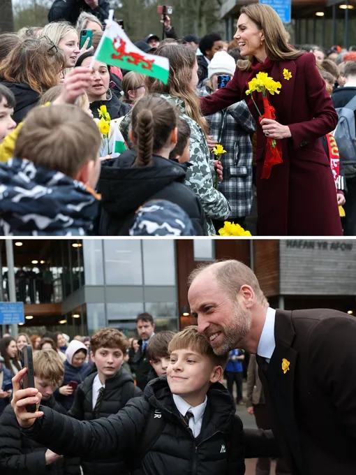 Дети размахивают флагами Уэльса, приветствуя Кейт Миддлтон, и делают селфи с принцем Уильямом
