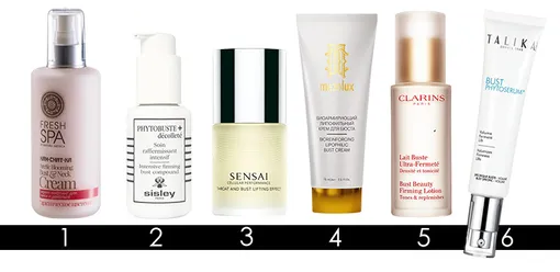 1. Крем-лифтинг для шеи и декольте «Арктическое цветение», Fresh Spa by Natura Siberica; 2. Интенсивное укрепляющее средство для красоты груди Phytobuste + Decollete, Sisley; 3. Антивозрастная эссенция Throat and Bust Lifting Effect, Sensai; 4. Биоармирующий липофильный крем для бюста Mezolux, Librederm; 5. Укрепляющее молочко для бюста, Clarins; 6. Cыворотка для груди с эффектом push up Bust Phytoserum, Talika