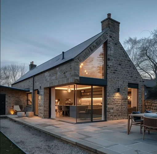 Современная интерпретация классики: натуральный камень делает фасад более выразительным даже при привычной форме