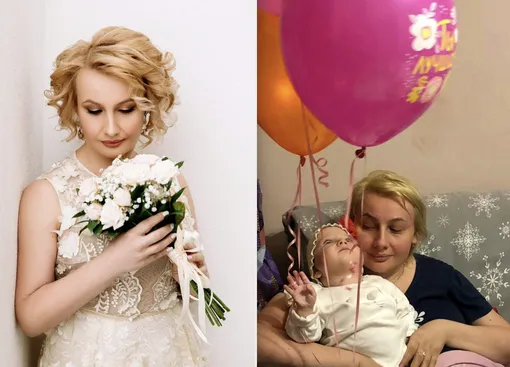 Слева: Ольга в свадебном платье, еще до аварии. Справа: после аварии, с младшей дочкой Слева: Ольга в свадебном платье, еще до аварии. Справа: после аварии, с младшей дочкой