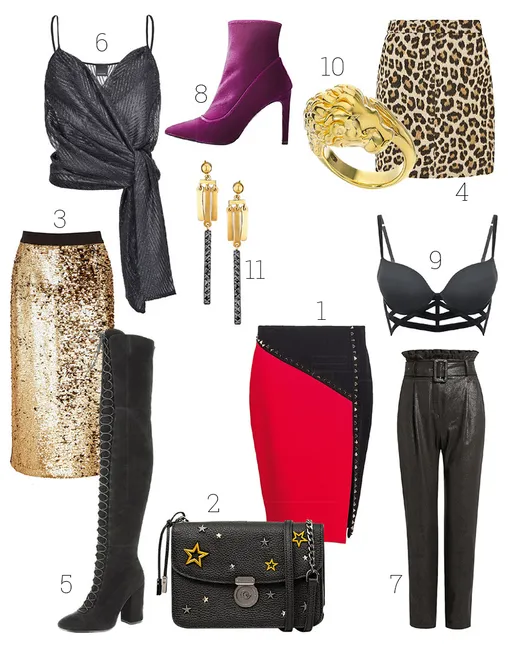 1 – Юбка, Marina Rinaldi, 2 – Сумка, Eleganzza, 3 – Юбка, Marks & Spencer, 4 – Юбка, Marks & Spencer, 5 – Ботфорты, Paolo Conte, 6 – Топ, Pinko, 7 – Брюки, Marella, 8 – Ботильоны, Escada, 9 – Бра, Incanto, 10 – Кольцо, Sunlight, 11 – Серьги, «Адамас» 1 – Юбка, Marina Rinaldi, 2 – Сумка, Eleganzza, 3 – Юбка, Marks & Spencer, 4 – Юбка, Marks & Spencer, 5 – Ботфорты, Paolo Conte, 6 – Топ, Pinko, 7 – Брюки, Marella, 8 – Ботильоны, Escada, 9 – Бра, Incanto, 10 – Кольцо, Sunlight, 11 – Серьги, «Адамас»