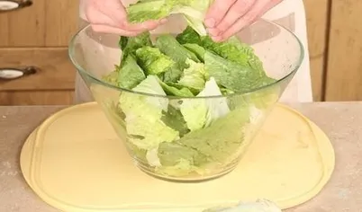 Листья романо промойте, обсушите на бумажном полотенце и порвите руками. Выложите в салатник.