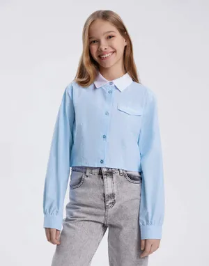 Голубая укороченная рубашка с вышивкой, Gloria Jeans