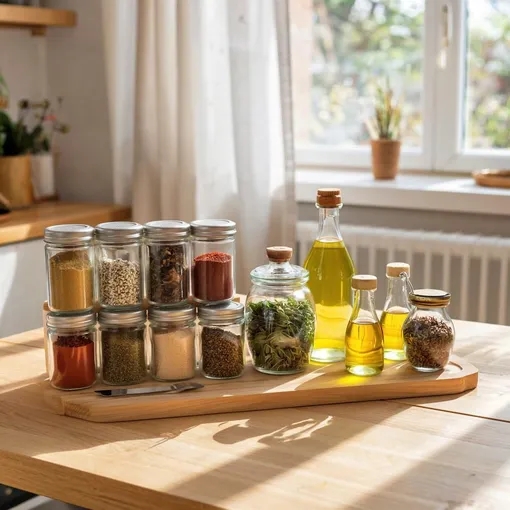 Пряности и масло лучше хранить в шкафчике