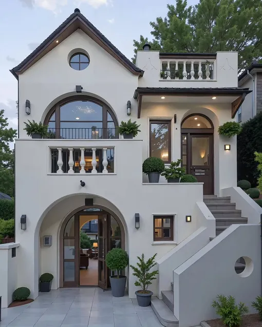 Дом с классическими элементами, такими как арки — пример того, как традиционная архитектура сохраняется, но уже не задаёт основные тренды