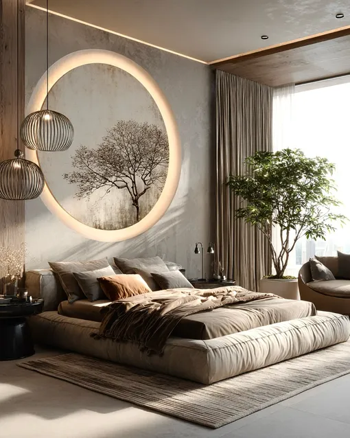 Биофильный дизайн спальни: природные расцветки, зелень и натуральные фактуры