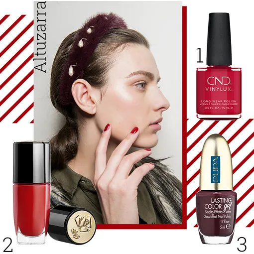 1. Профессиональный недельный лак Vinylux, CND, Element; 2. Лак Le Vernis, Lancôme, № 152; 3. Стойкий лак Pupa, №184 А Instant Vibes