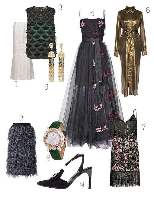 1 – Юбка, Marina Rinaldi, 2 – Юбка, Madeleine, 3 – Топ, Marks & Spencer, 4 – Платье, Pinko Uniqueness, 5 – Серьги, Swarovski, 6 – Платье, Twinset, 7 – Платье, Nissa, 8 – Часы, «НИКА», 9 – Туфли, Geox 1 – Юбка, Marina Rinaldi, 2 – Юбка, Madeleine, 3 – Топ, Marks & Spencer, 4 – Платье, Pinko Uniqueness, 5 – Серьги, Swarovski, 6 – Платье, Twinset, 7 – Платье, Nissa, 8 – Часы, «НИКА», 9 – Туфли, Geox