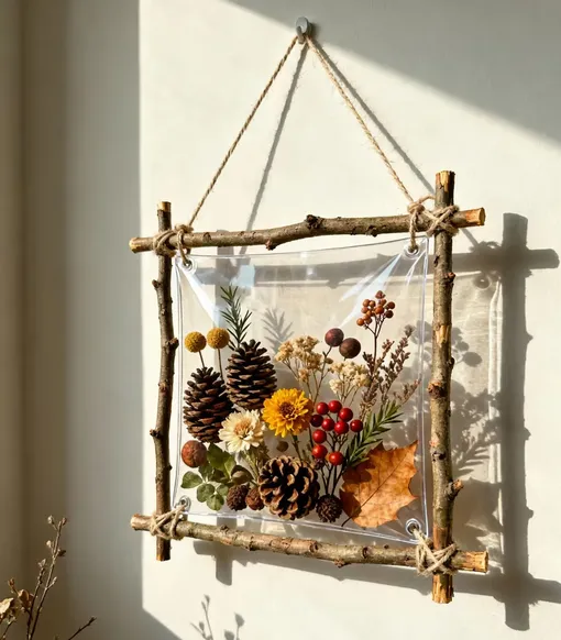 Картина из сухоцветов и гербария с рамой из веток Картина из сухоцветов и гербария с рамой из веток