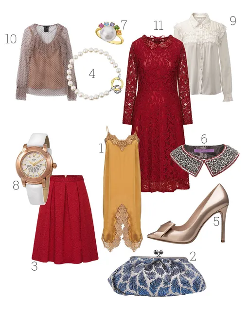 1– Платье-комбинация, P_Jean, 2 – Клатч, Max Mara Weekend, 3 – Юбка, Faberlic, 4 – Браслет, Tous, 5 – Туфли, Ekonika, 6 – Воротничок, Laurel, 7 – Кольцо, Tous, 8 – Часы, «НИКА», 9 – Блуза, Madeleine, 10 – Блуза, Luisa Cerano, 11 – Платье, Faberlic 1– Платье-комбинация, P_Jean, 2 – Клатч, Max Mara Weekend, 3 – Юбка, Faberlic, 4 – Браслет, Tous, 5 – Туфли, Ekonika, 6 – Воротничок, Laurel, 7 – Кольцо, Tous, 8 – Часы, «НИКА», 9 – Блуза, Madeleine, 10 – Блуза, Luisa Cerano, 11 – Платье, Faberlic