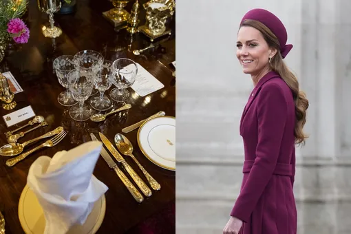 Вышивка ручной работы и тиара: Кейт Миддлтон пришла на банкет в золотистом платье шантильи