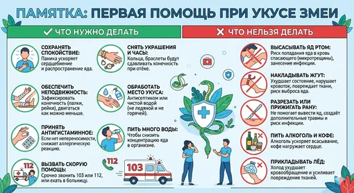 Инфографика что делать при укусе змеи и чего делать нельзя