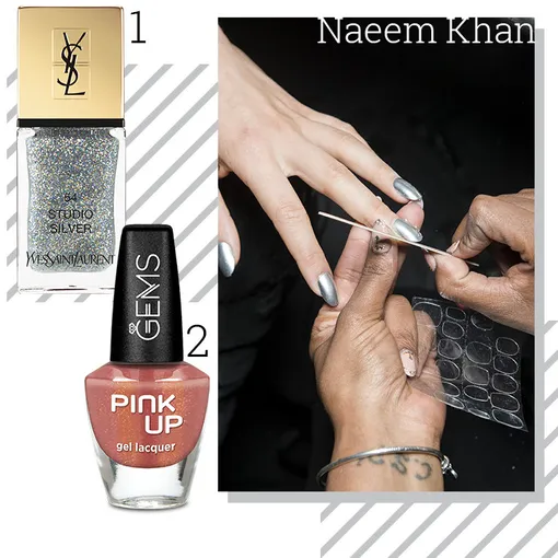 1. Лак La Laque Couture Nail Polish, YSL Beauté, № 54 Studio Silver; 2. Гель-лак Pink Up Gems, № 159121