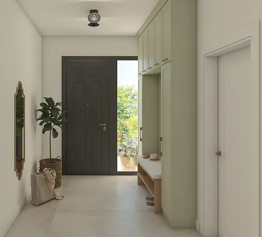 Лавка и крупный декор помогают разбить узкое пространство и добавить уюта Лавка и крупный декор помогают разбить узкое пространство и добавить уюта