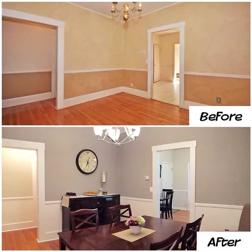 Зональное окрашивание стен кардинально изменило вид столовой