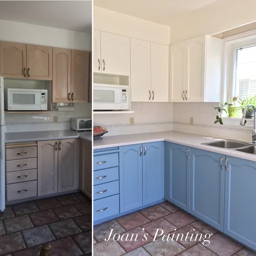 После окрашивания кухонный гарнитур приобрёл свежий и современный вид