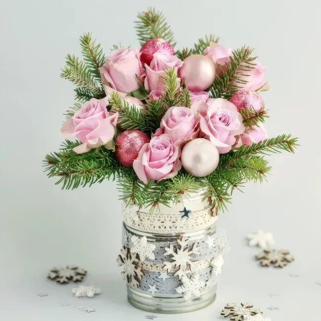 Новогодний декор за 30 минут: делаем элегантную композицию из банки, роз и шаров