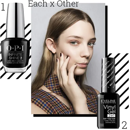 1. Лак Infinite Shine, OPI, Lady In Black; 2. Виниловый лак Vinyl Gel, Eveline Cosmetics, №211