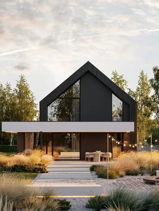 Тёмные фасады и чистая геометрия усиливают ощущение приватности и «тихой роскоши»